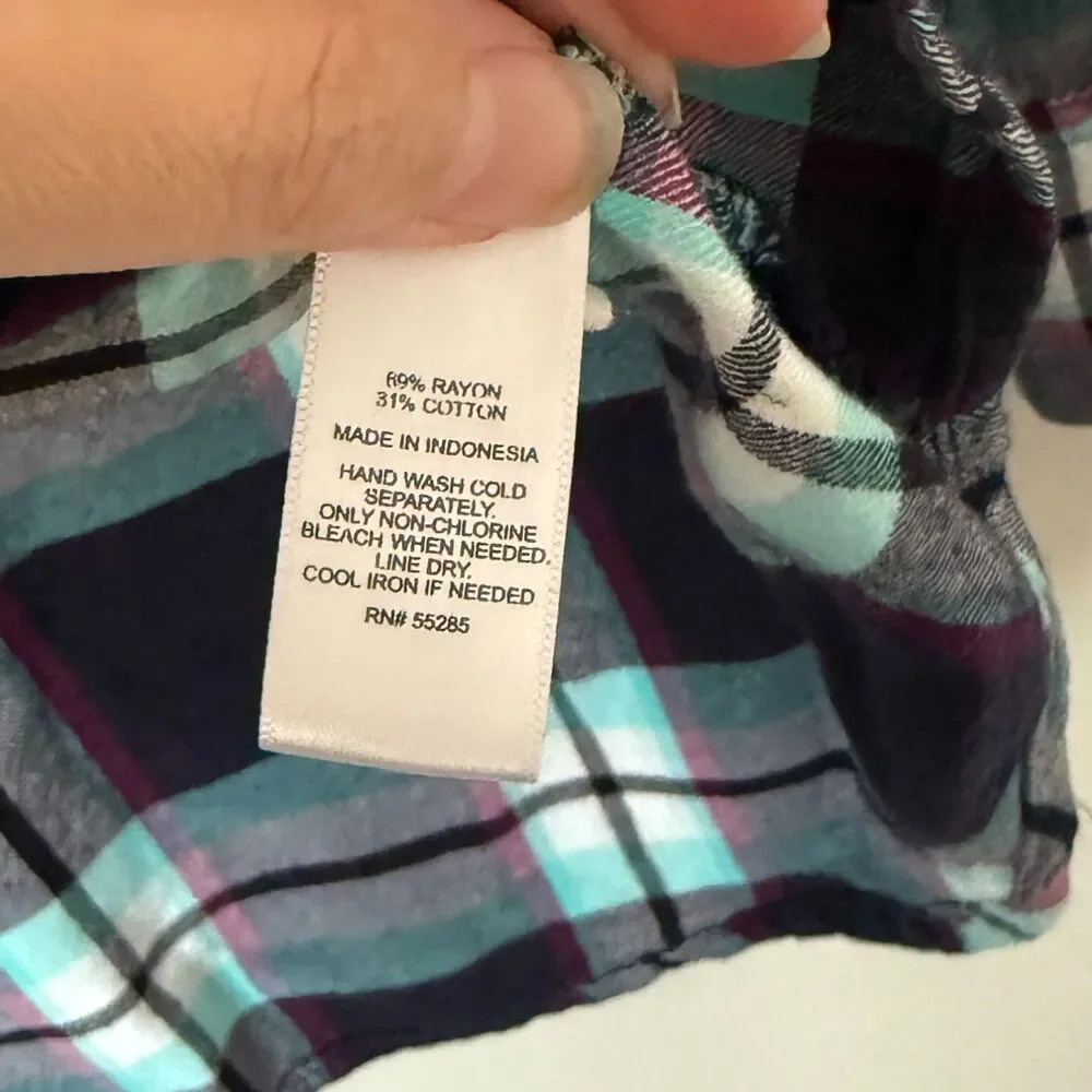 Express Plaid Flannel Button Down Shirt Size XS Roll Tab Sleeve Teal Purple